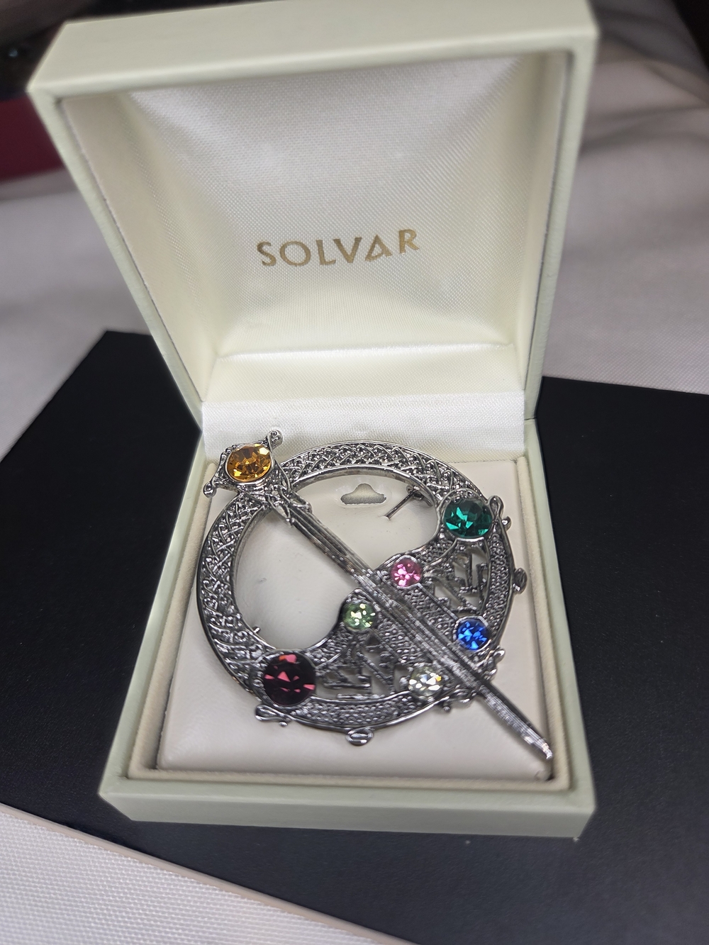 Celtic Sword Brooch with Multicolor Gemstones - Silver Tone